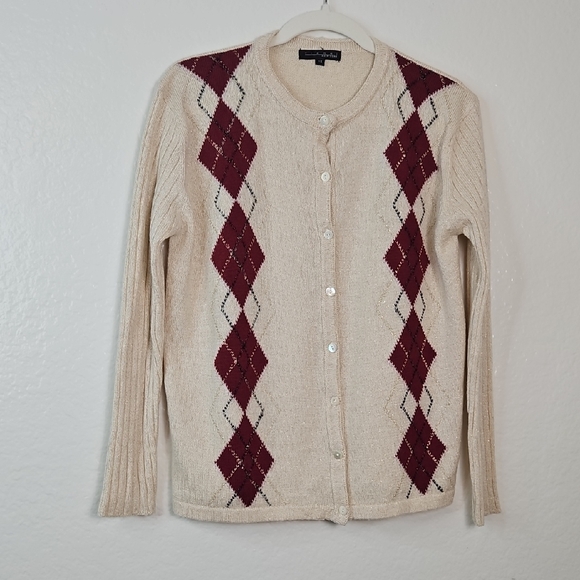 Pierri New York Cream and Burgundy Argyle Cardigan - Picture 1 of 11